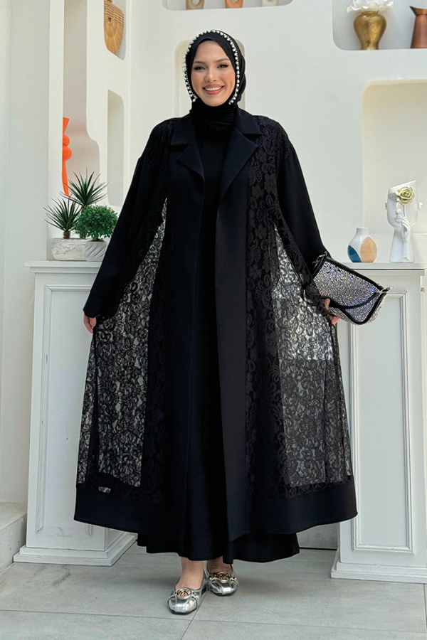 Collared Lace Guipure Detail Abaya 7830 Black - 1