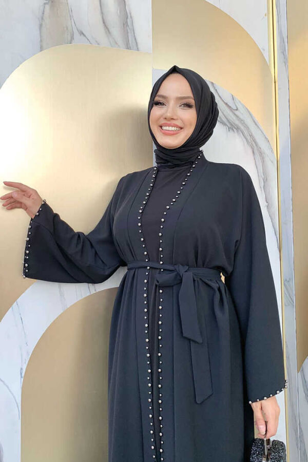 7833 Abaya mit Perlendetail und Gürtel Schwarz - 4