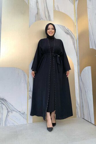 7833 pearl detail belted abaya Black 