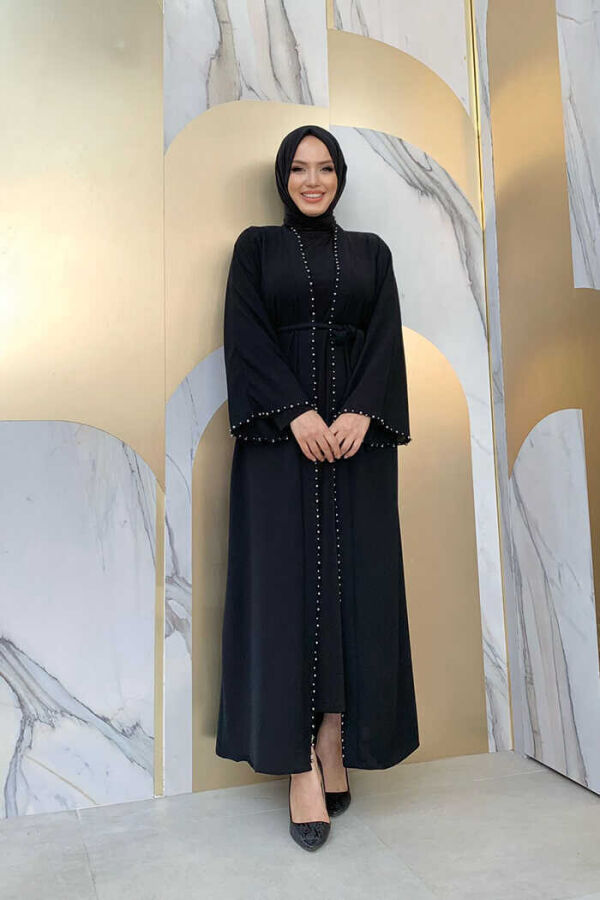 7833 pearl detail belted abaya Black - 2