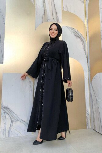 7833 pearl detail belted abaya Black - 3