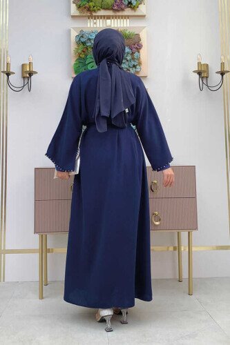 7833 Abaya mit Perlendetail und Gürtel, Marineblau - 3