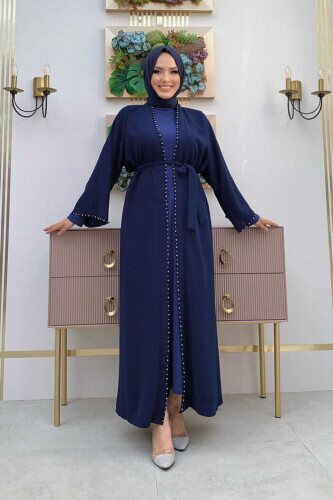 7833 pearl detail belted abaya Navy Blue 