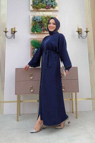 7833 pearl detail belted abaya Navy Blue - 2