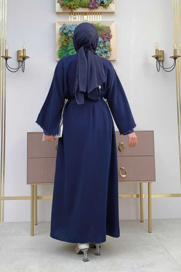 7833 pearl detail belted abaya Navy Blue - 3