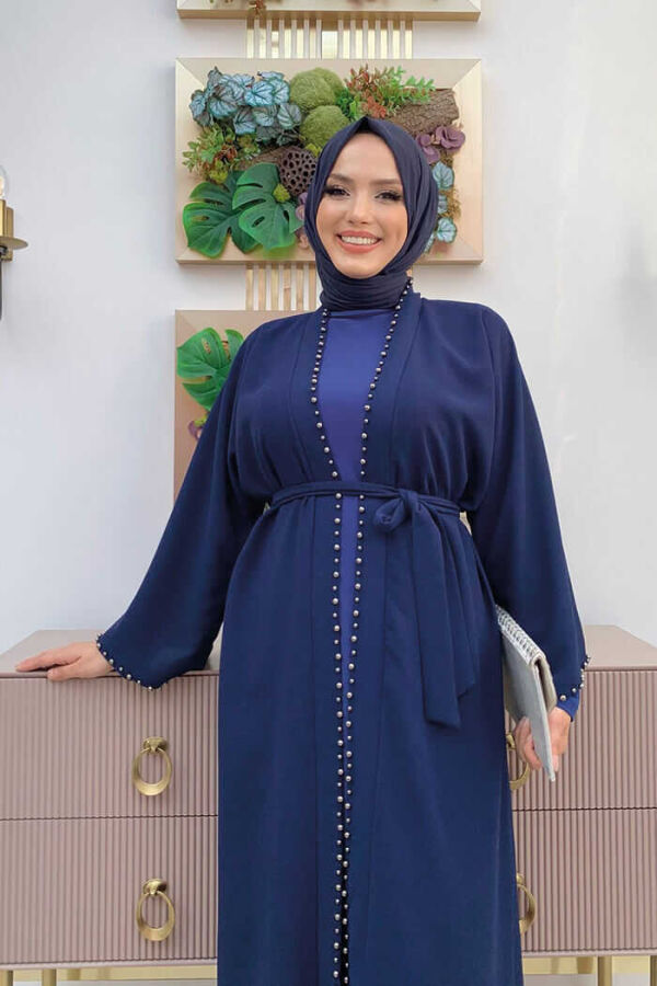 7833 pearl detail belted abaya Navy Blue - 4