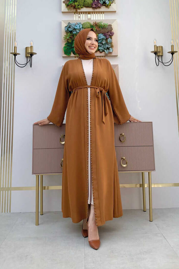 7833 pearl detail belted abaya Taba - 1