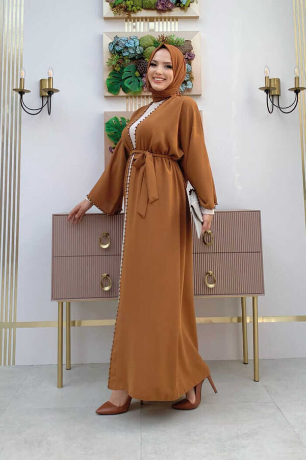 7833 pearl detail belted abaya Taba - 2