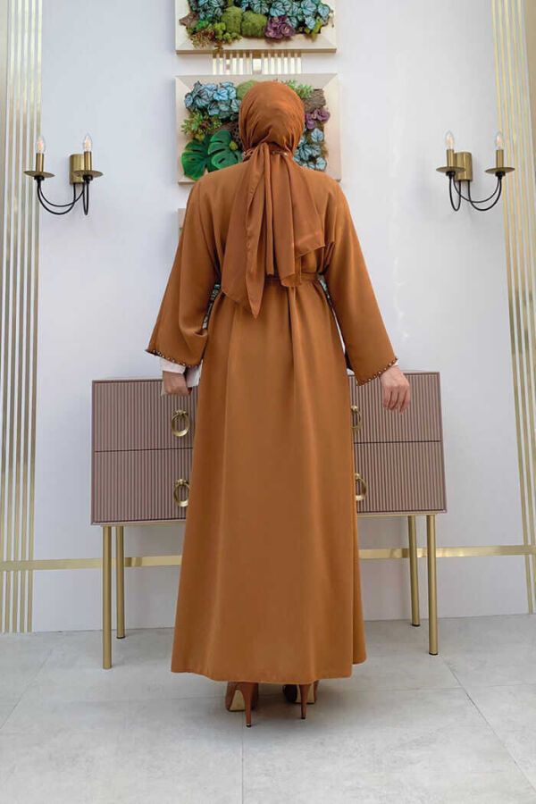 7833 pearl detail belted abaya Taba - 3