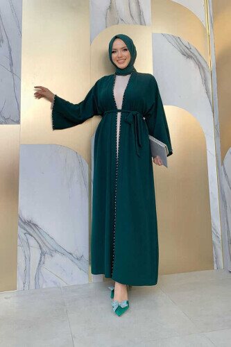 7833 Abaya mit Perlendetail und Gürtel, Smaragd 