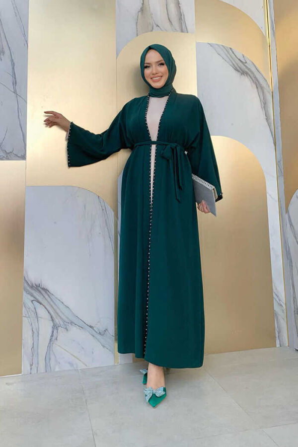 7833 Abaya mit Perlendetail und Gürtel, Smaragd - 1