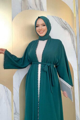 7833 Abaya mit Perlendetail und Gürtel, Smaragd - 4