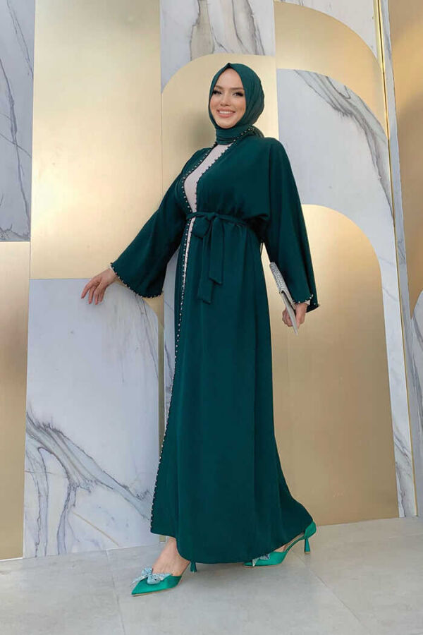 7833 pearl detail belted abaya Emerald - 2