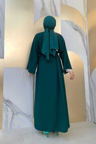 7833 pearl detail belted abaya Emerald - 3