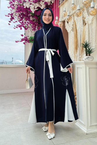 Nakış İşleme Detaylı Bel Kuşaklı Abaya 7901 Lacivert 