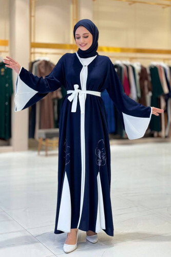 Nakış İşleme Detaylı Bel Kuşaklı Abaya 7901 Lacivert 