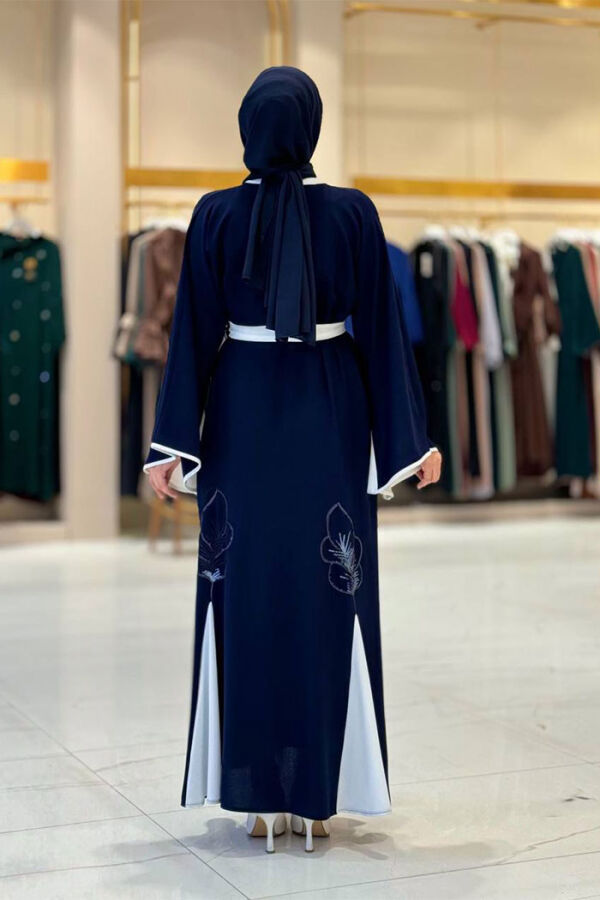 Nakış İşleme Detaylı Bel Kuşaklı Abaya 7901 Lacivert - 2