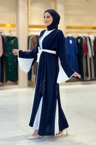 Nakış İşleme Detaylı Bel Kuşaklı Abaya 7901 Lacivert - 3