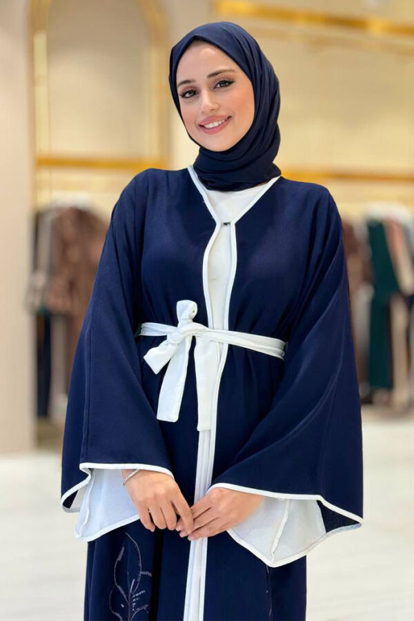 Nakış İşleme Detaylı Bel Kuşaklı Abaya 7901 Lacivert - 4