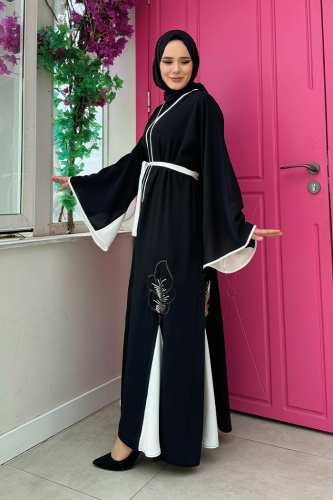 Nakış İşleme Detaylı Bel Kuşaklı Abaya 7901 Siyah - 2