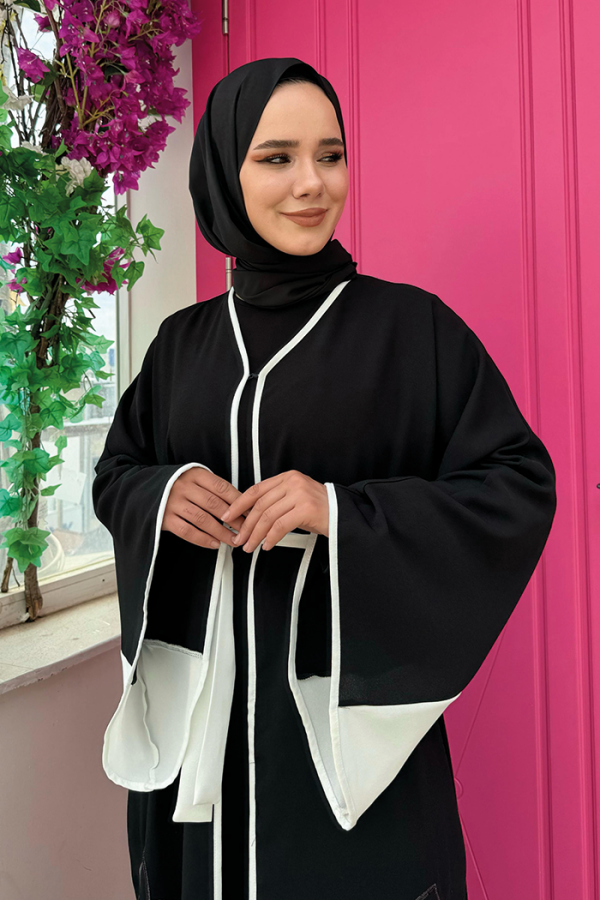 Nakış İşleme Detaylı Bel Kuşaklı Abaya 7901 Siyah - 4