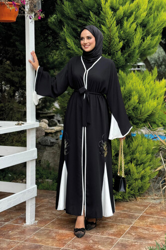 Nakış İşleme Detaylı Bel Kuşaklı Abaya 7901 Siyah - bym fashion