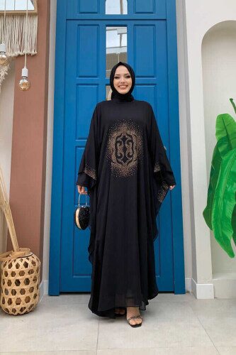 Stone Printed Bat Sleeve Cape Evening Dress 8191 Black 