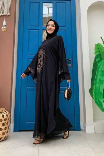 Stone Printed Bat Sleeve Cape Evening Dress 8191 Black - 2