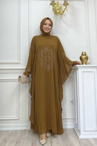 Stone Printed Bat Sleeve Cape Evening Dress Suit 8191 Tan - 2