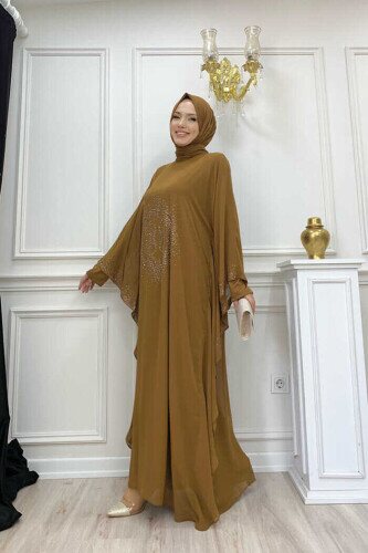 Stone Printed Bat Sleeve Cape Evening Dress Suit 8191 Tan - 3