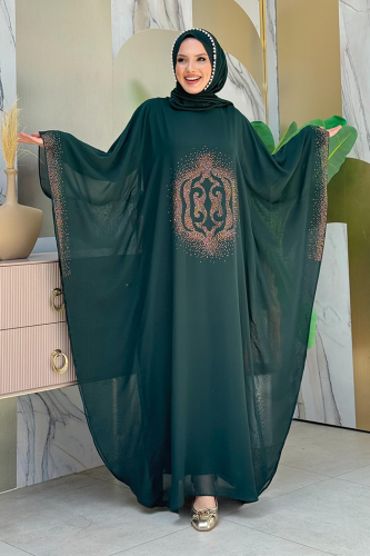 Steinbedrucktes Cape-Abendkleid mit Fledermausärmeln 8191 Smaragd - 1