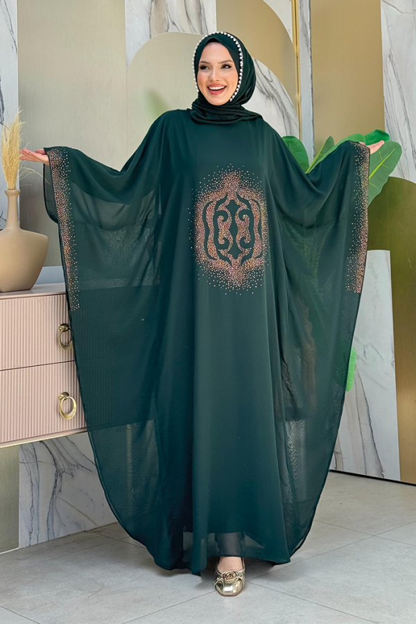 Steinbedrucktes Cape-Abendkleid mit Fledermausärmeln 8191 Smaragd - 1