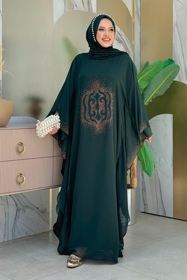 Stone Printed Bat Sleeve Cape Evening Dress 8191 Emerald - 3