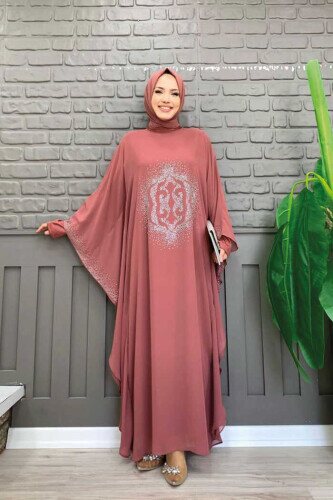 Taş Baskılı Yarasakol Abaya Takım 8191 Gül Kurusu - bym fashion