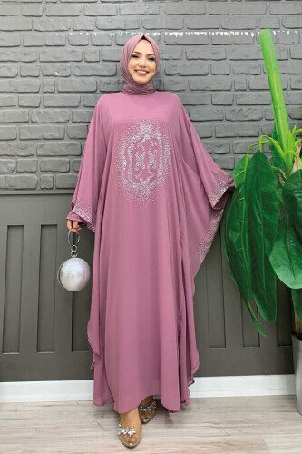 Taş Baskılı Yarasakol Abaya Takım 8191 Pudra - bym fashion