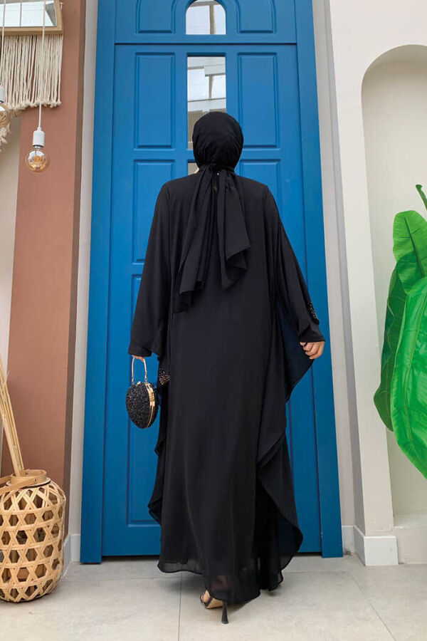 Taş Baskılı Yarasakol Abaya Takım 8191 Siyah - 3