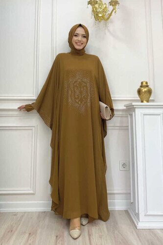 Taş Baskılı Yarasakol Abaya Takım 8191 Taba - bym fashion