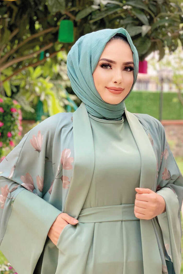 Desenli Abaya Düz Cep Detay Kuşaklı Sıfır Kol Tulum Takım 8312 Mint - 4