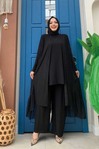 Chiffon-Rüschen-Look-Abaya-Trio-Set 8411 Schwarz 