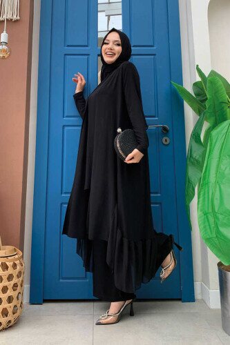 Chiffon-Rüschen-Look-Abaya-Trio-Set 8411 Schwarz - 2