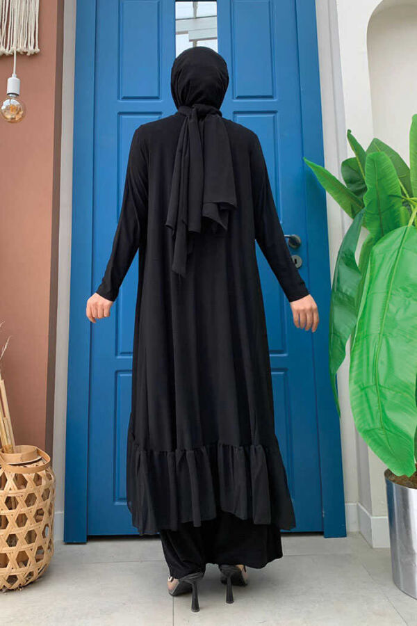 Chiffon-Rüschen-Look-Abaya-Trio-Set 8411 Schwarz - 3