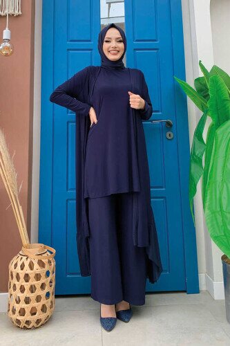 Chiffon-Abaya-Trio-Anzug im Rüschen-Look 8411 Marineblau 