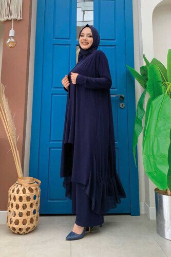 Chiffon-Abaya-Trio-Anzug im Rüschen-Look 8411 Marineblau - 2