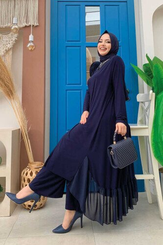 Chiffon-Abaya-Trio-Anzug im Rüschen-Look 8411 Marineblau - 3