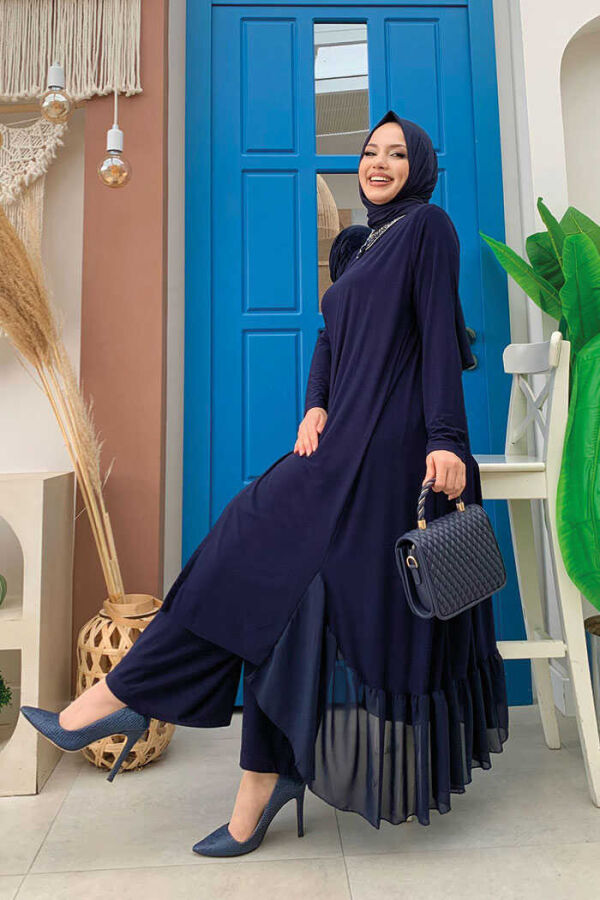 Chiffon Ruffle Look Abaya Trio Suit 8411 Navy Blue - 3