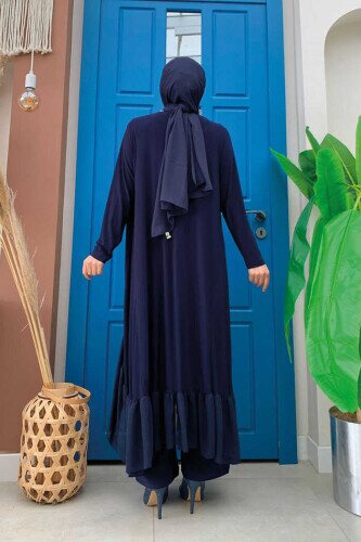 Chiffon Ruffle Look Abaya Trio Suit 8411 Navy Blue - 4