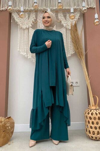 Chiffon-Abaya-Trio-Set im Rüschen-Look 8411 Smaragd 