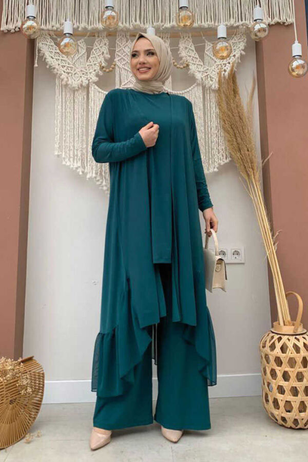 Chiffon-Abaya-Trio-Set im Rüschen-Look 8411 Smaragd - 1