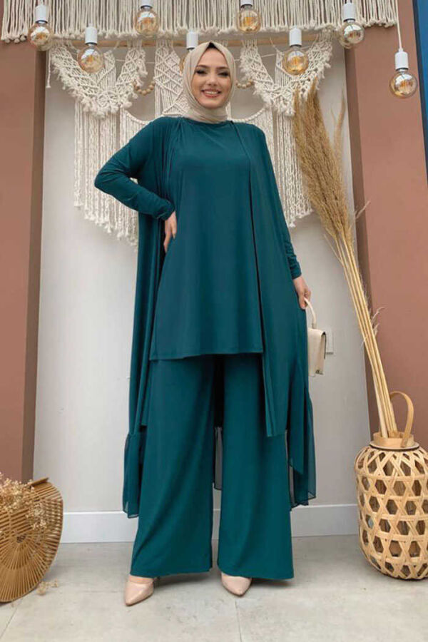 Chiffon-Abaya-Trio-Set im Rüschen-Look 8411 Smaragd - 2