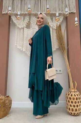 Chiffon-Abaya-Trio-Set im Rüschen-Look 8411 Smaragd - 3